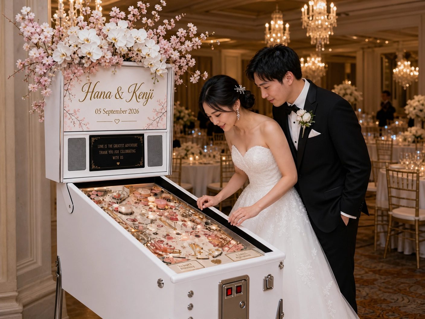 Elegant blossom styled wedding virtual pinball machine with a couple playing