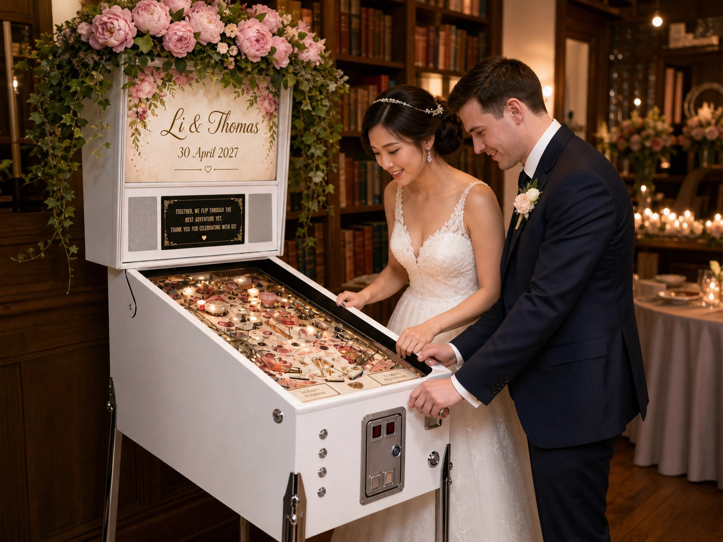 Bride and groom playing a personalised wedding pinball machine