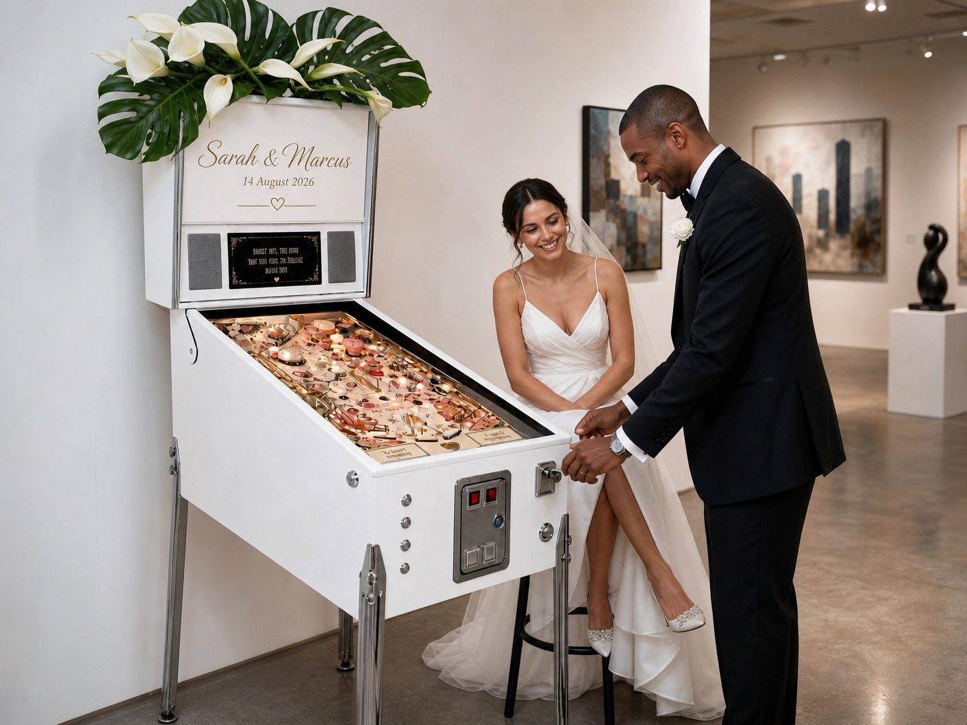 Couple enjoying stylish wedding entertainment with a virtual virtual pinball machine