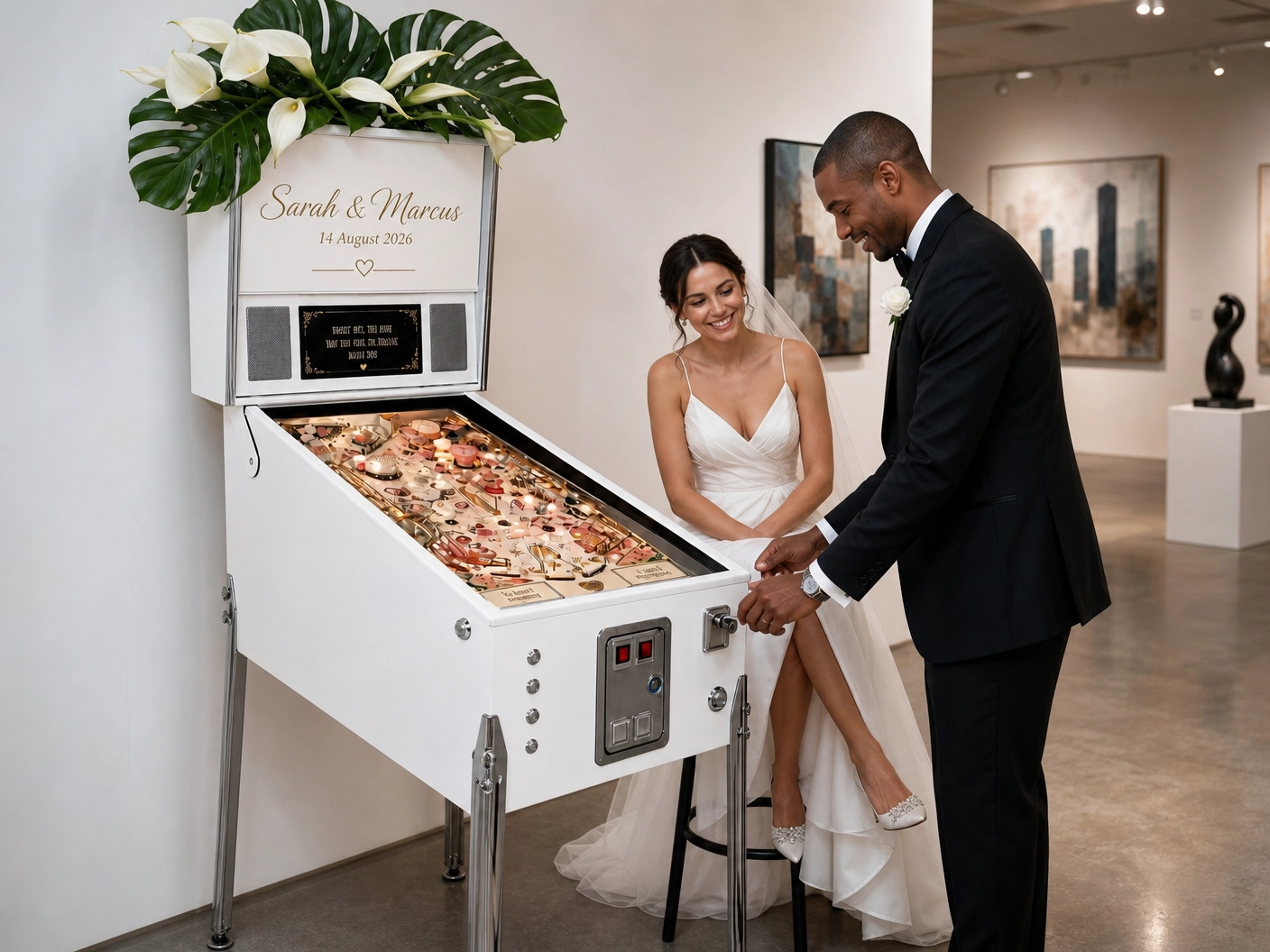 Couple enjoying stylish wedding entertainment with a pinball machine