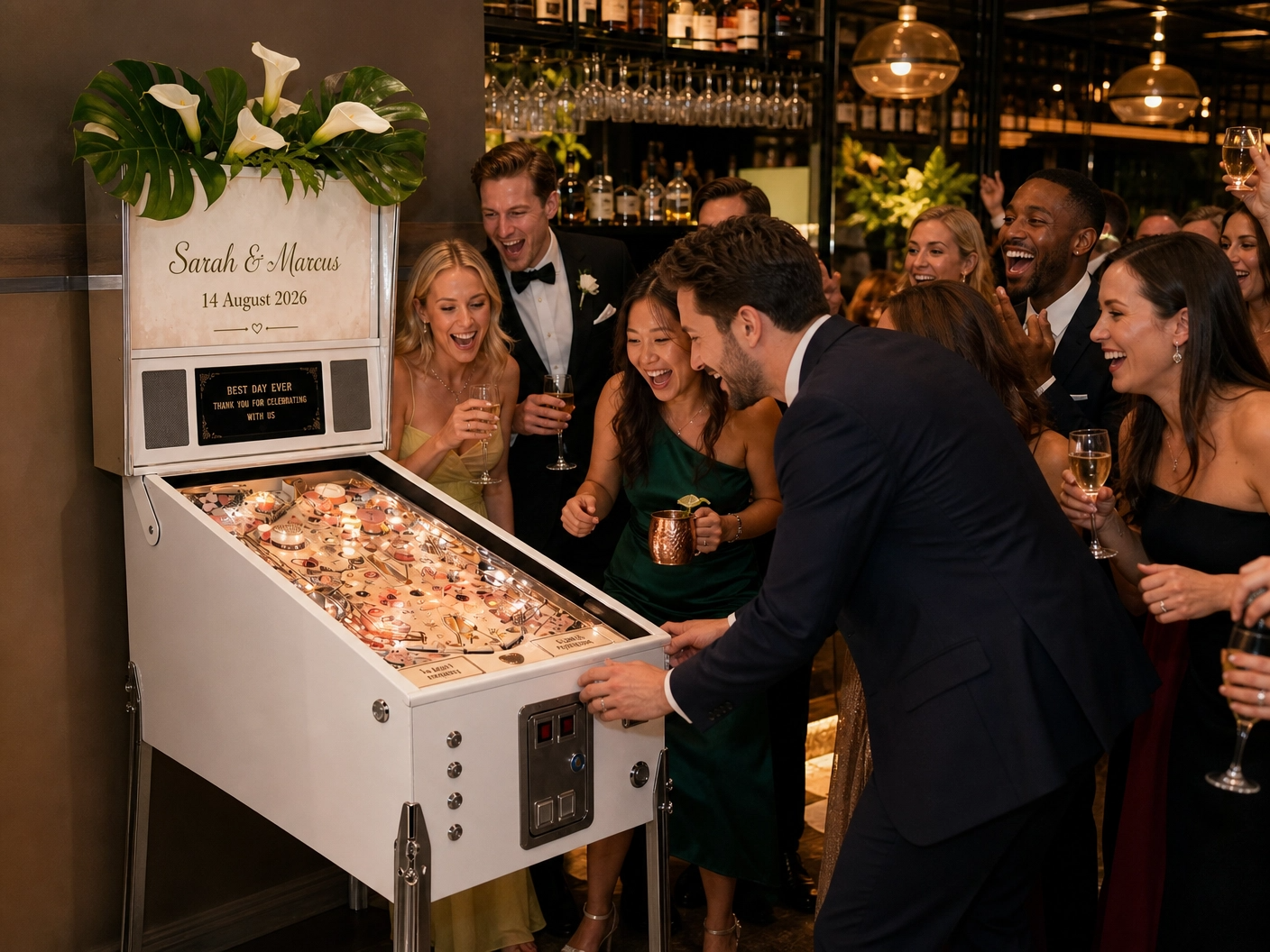 Wedding group enjoying a personalised pinball machine at the bar