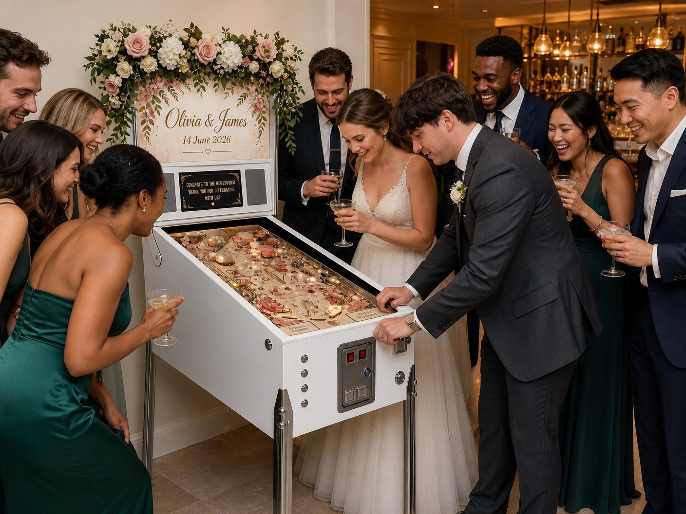Wedding guests gathered around a virtual virtual pinball machine during the reception