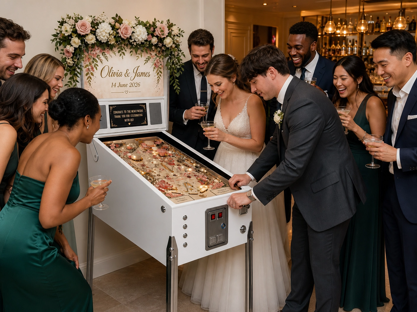 Wedding guests gathered around a pinball machine during the reception