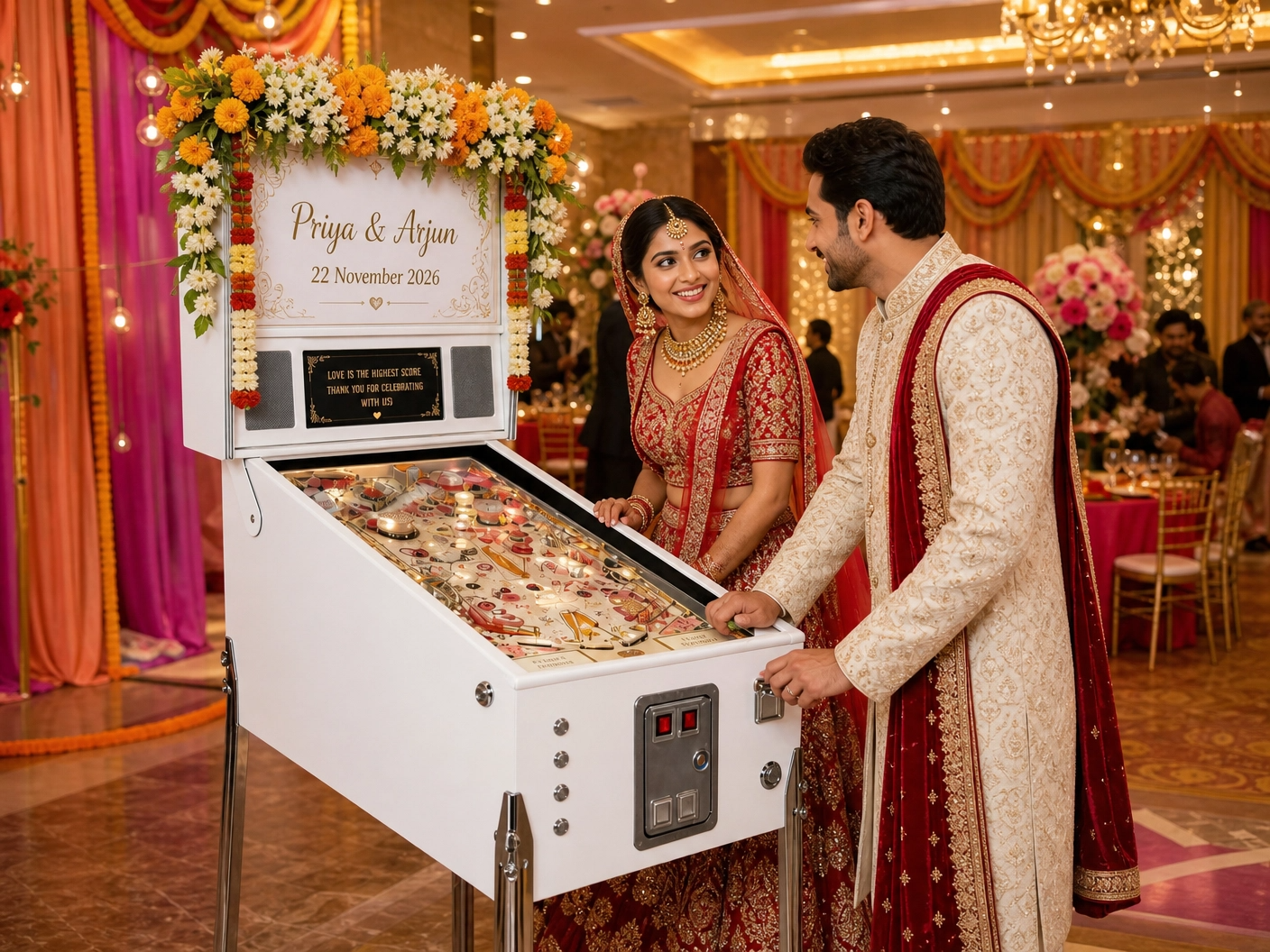 Wedding pinball machine styled with flowers to match a wedding theme