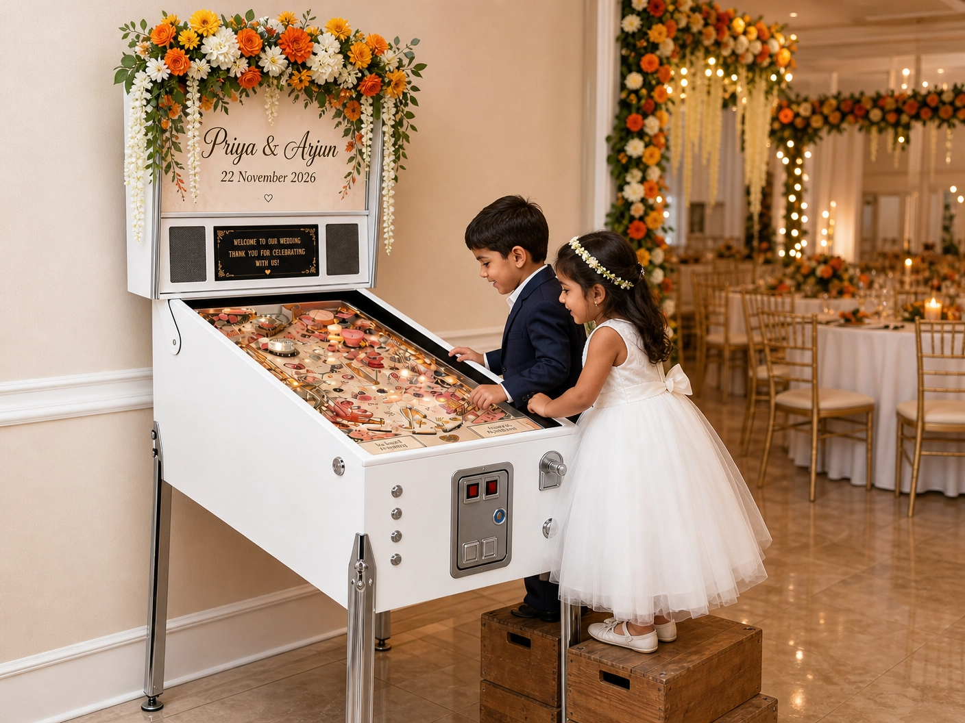 Children enjoying a wedding pinball machine at a reception venue