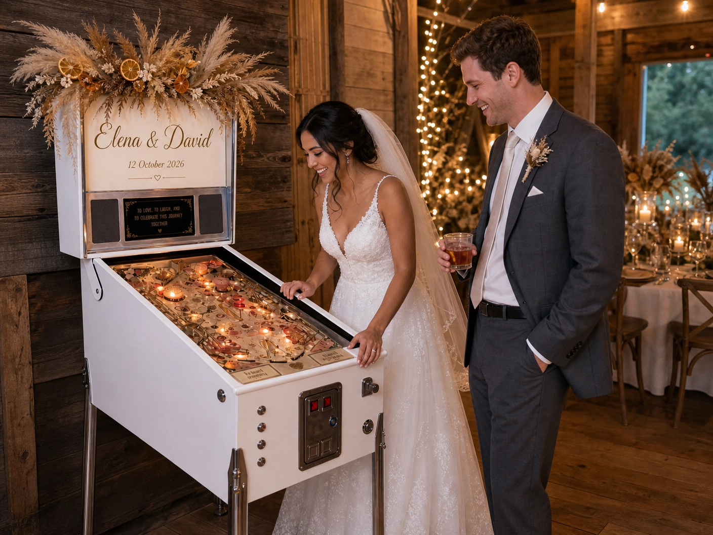 Rustic wedding pinball machine setup with bride and groom