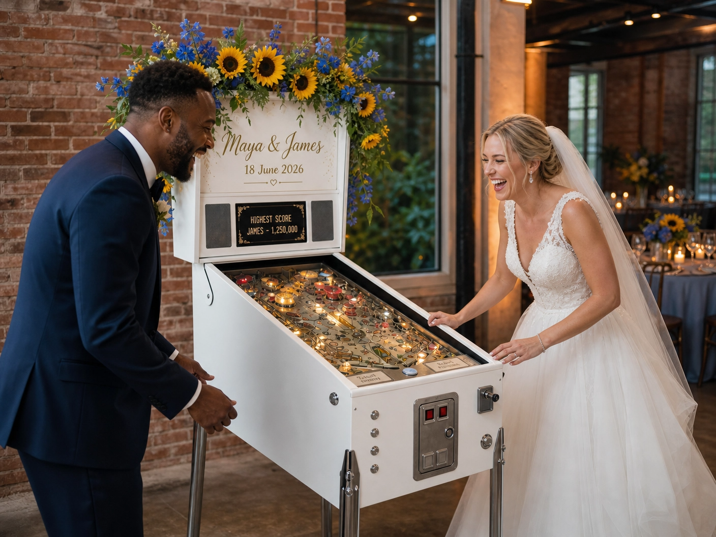 Bride and groom laughing around a sunflower themed wedding pinball machine